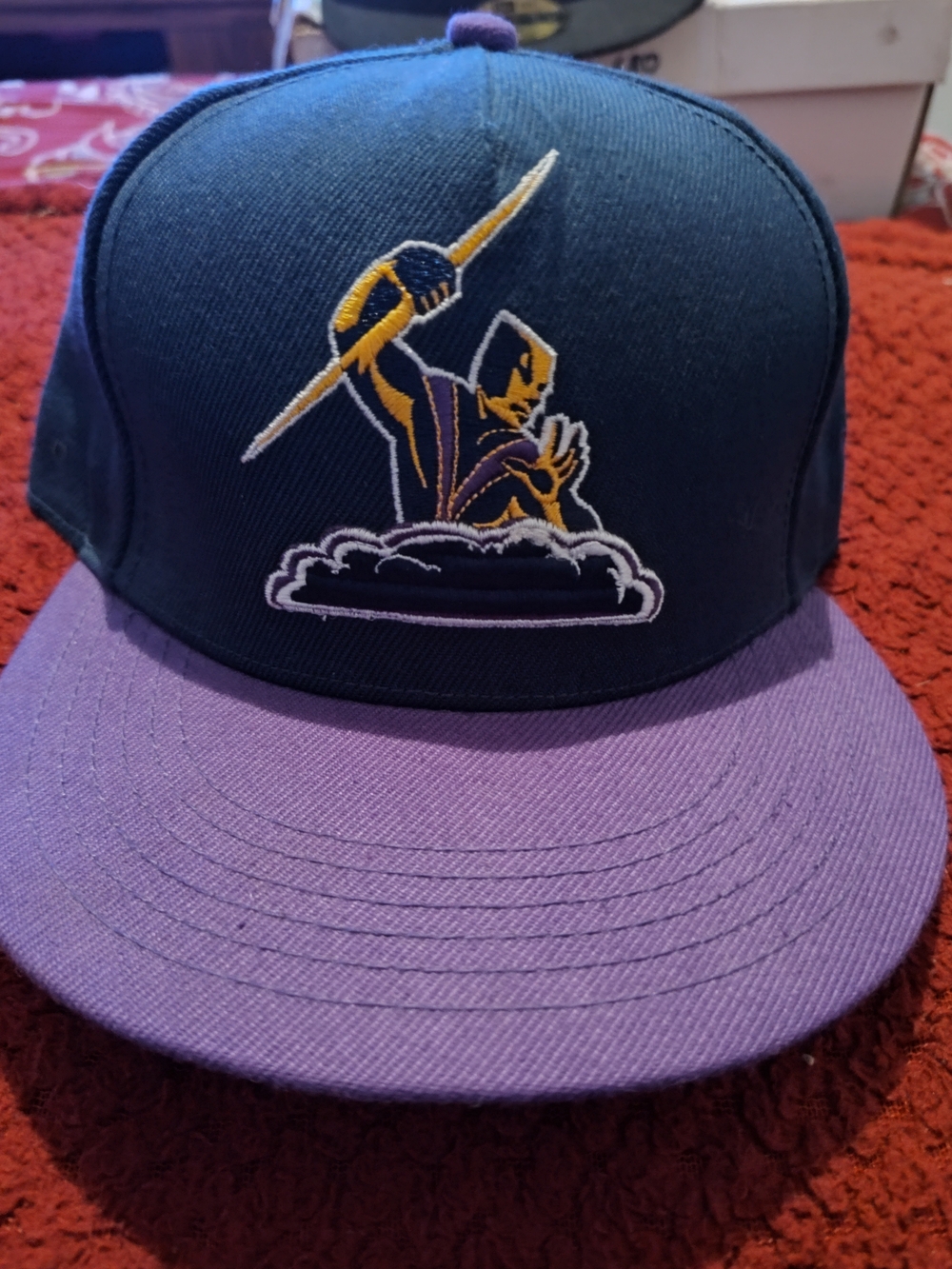 Embroidered Lightning Thrower Snapback Hat in Navy and Purple